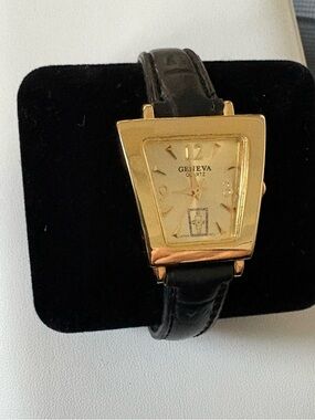 Geneva Gold-Tone Trapezoid Watch with Black Strap